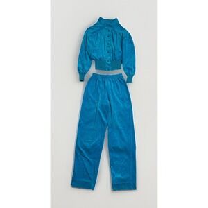 Vintage 80s Turquoise Blue Corduroy Tracksuit Match Set Womens Petite Small